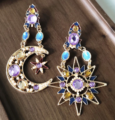 BIG Heavenly COSMIC Sun MOON & STARS Jewel Cabochon Astrology Zodiac Earrings