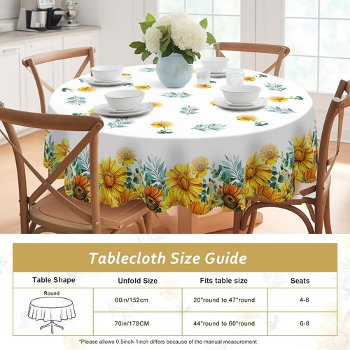 Eikione Sunflower Round Tablecloth 60inch,Tablecloth Waterproof and Wrinkle-F... - Picture 6 of 7