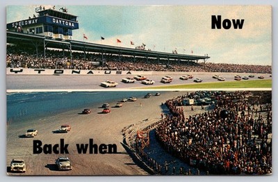 Postcard Daytona Beach Florida Speedway Racing Now & Before Views Vintage USA