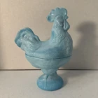 Vintage Blue Slag Milk Glass Rooster Candy Dish 8.5 In Semi Matte Finish *RARE*