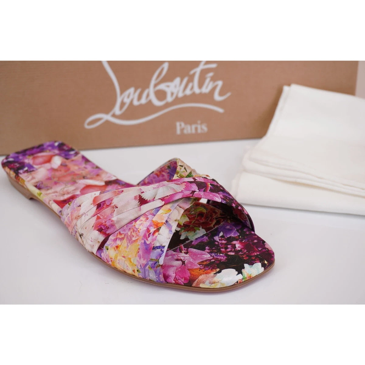 Christian Louboutin Floral Canvas Slip-Ons in Pink, Blue, White Christian Louboutin Pigamule 120 White Pink Floral Mule  main image 2