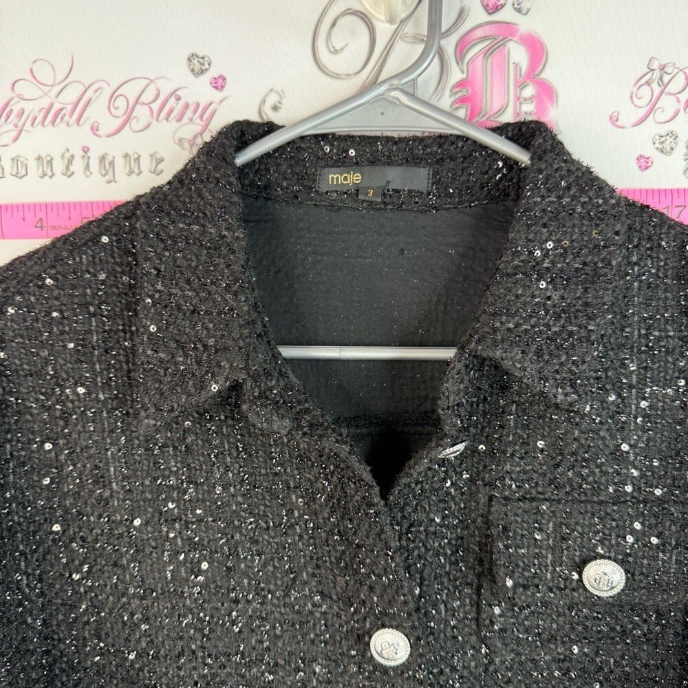 Maje blazer sparkly sequins Black Tweed Cropped Blazer with Silver Buttons image 6