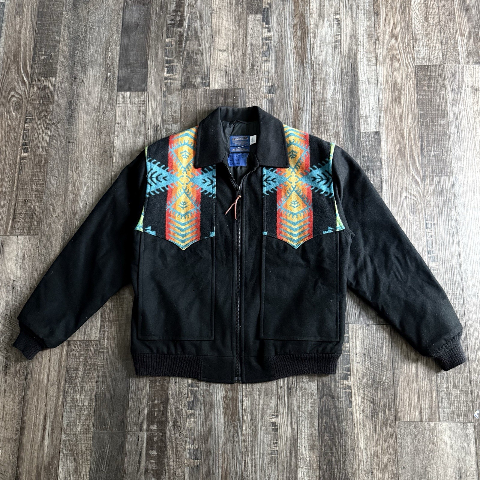 Pendleton black wool bomber jacket with colorful … - image 1