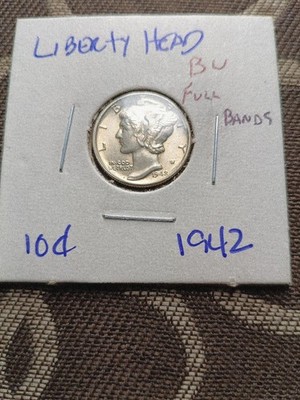 1942 P , 1 10C Mercury Dime Mint State Full Bands 