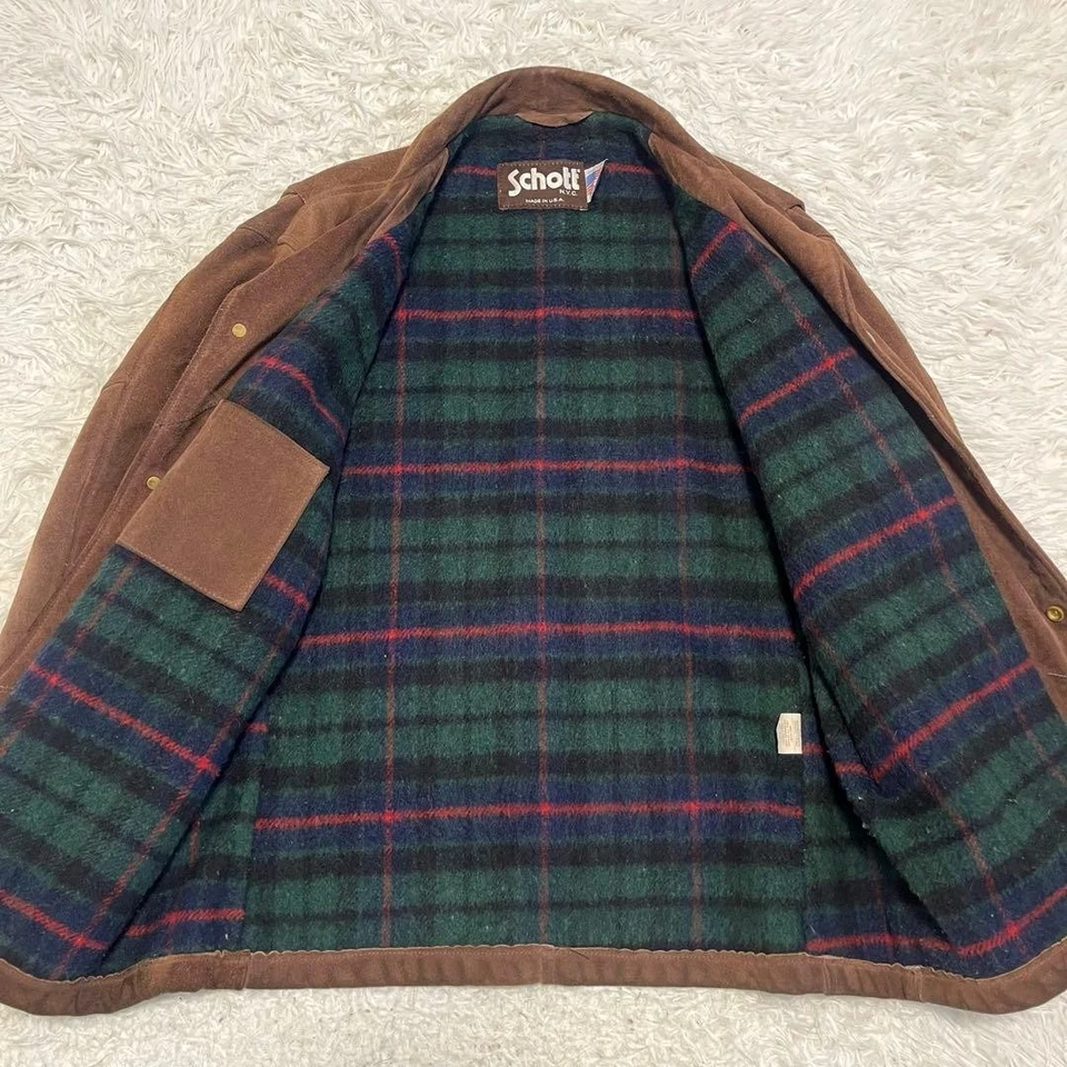 SCHOTT Suede Leather Jacket Brown Green Size 42 Button USA Fashion Vintage Used - Image 3 of 4