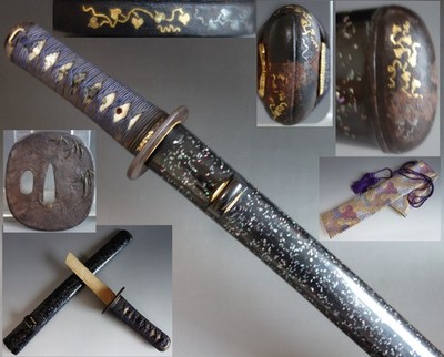 koshirae wakizashi pearl inlay saya arabesque kojiri fuchi kashira sword fitting