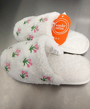 Wonder Nation Unisex Kids Faux Fur Slip-On Slippers Embroidered Floral 13.5