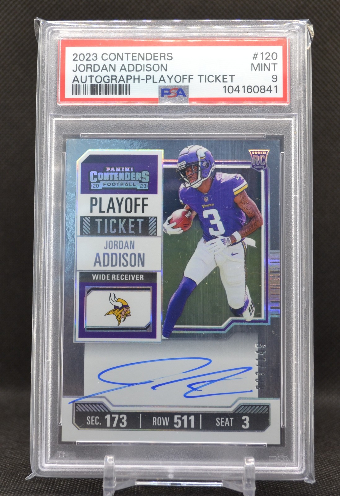 2023 Contenders JORDAN ADDISON Playoff Ticket Auto PSA 9 MINT 83/149 Rookie RC