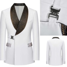 Real Photos Wedding Groom Crystals Shawl Collar Jacket Side Button Coat Blazers