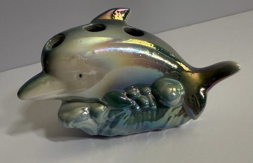 Vintage Ceramic Iridescent Luster Ware Dolphin 3 hole pen/pencil holder for desk - Picture 9 of 11