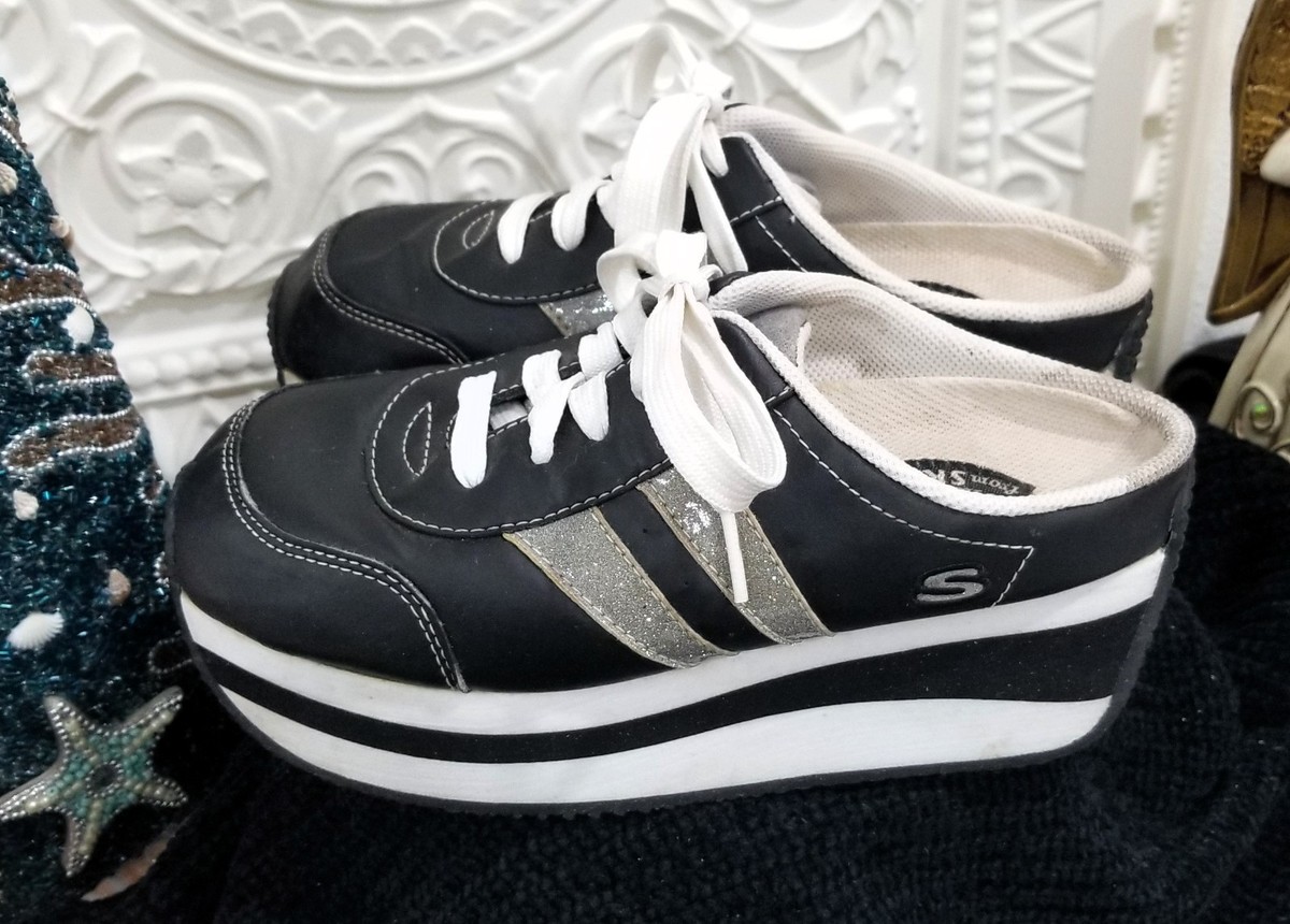 Sketchers Vintage Platform Slip-On Sneakers Y2K Black White Chunky