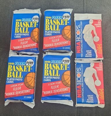 4 Fleer 1991 NBA Jumbo Packs 53 Cards And 2  1989 NBA Hoops Factory Sealed Packs