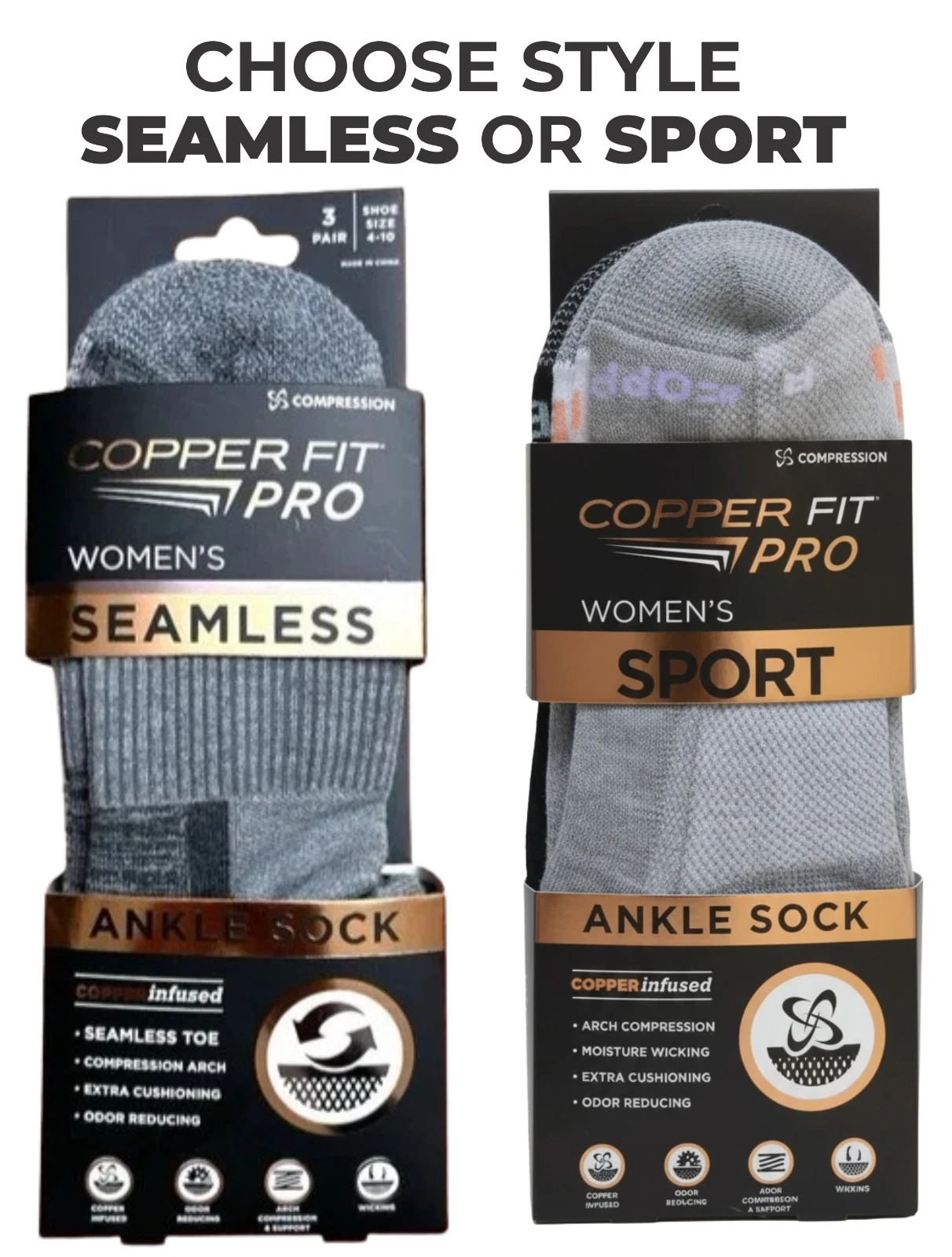 Copper Fit Women’s Compression Ankle Socks 3 Pairs – Choose (Seamless or Sport)
Opens in a new windo