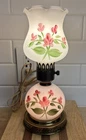 Vintage Milk Glass Hurricane Lamp Hand Painted pink Floral 3 Way Parlor Light