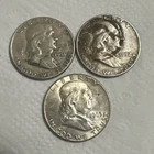 Franklin Silver Half Dollars 1951-P, 1952-D, 1963-P Lot Of 3, 90% Silver