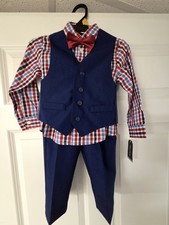 Nautica 4-Piece Suit Set Boys 3T Blue Red Bow Tie Long Sleeve Shirt Vest Pants