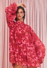 NWT lulus Lata Red Floral Mock Neck Belted Mini Dress