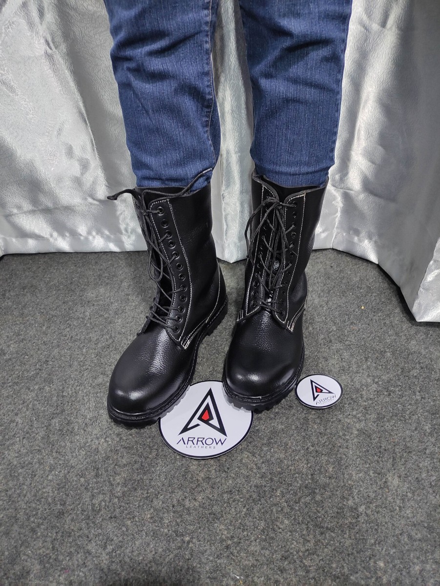 Black Leather French Army Ranger Boots Rubber Sole Men's Combat