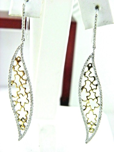 Lace Leaf Drop Dangle Diamond Earrings Two Tone in 14k White & Yellow Gold - Picture 4 of 11