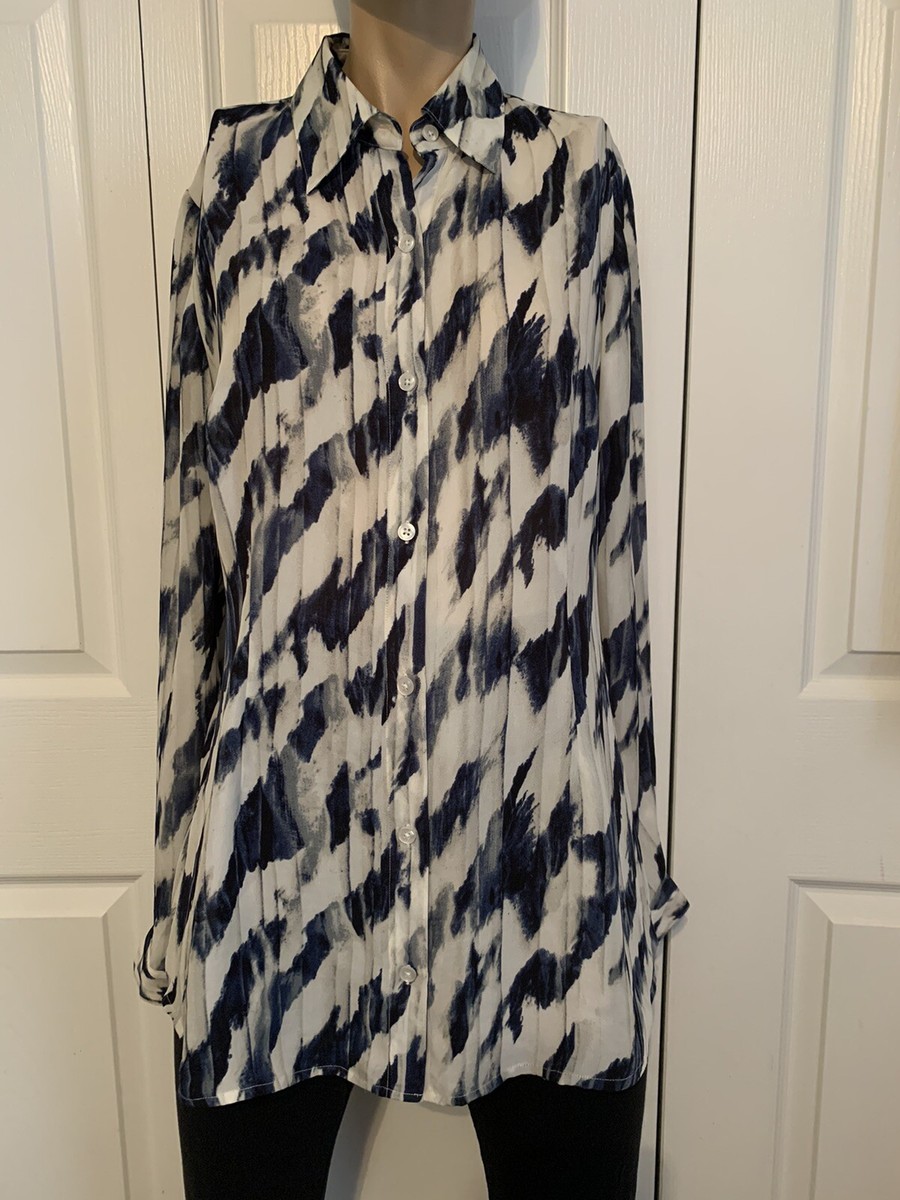 CABI NAVY BLUE/GRAY/IVORY PRINT LONG SLEEVE BUTTON FRONT