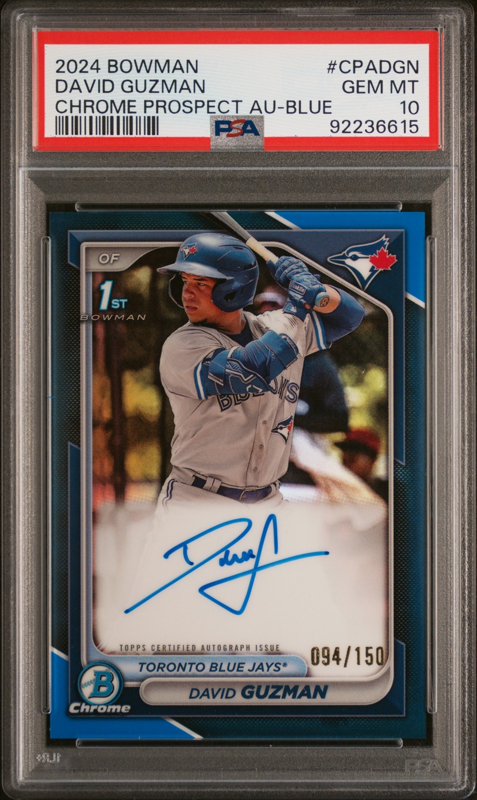 PSA 10 DAVID GUZMAN AUTO 1st 2024 Bowman Chrome  BLUE REFRACTOR/150 RC GEM MINT
