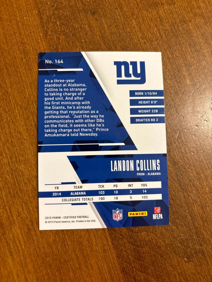 Landon Collins 2015 Panini Certified Purple Rookie #164 Alabama Giants /10 RC - Image 2 of 2