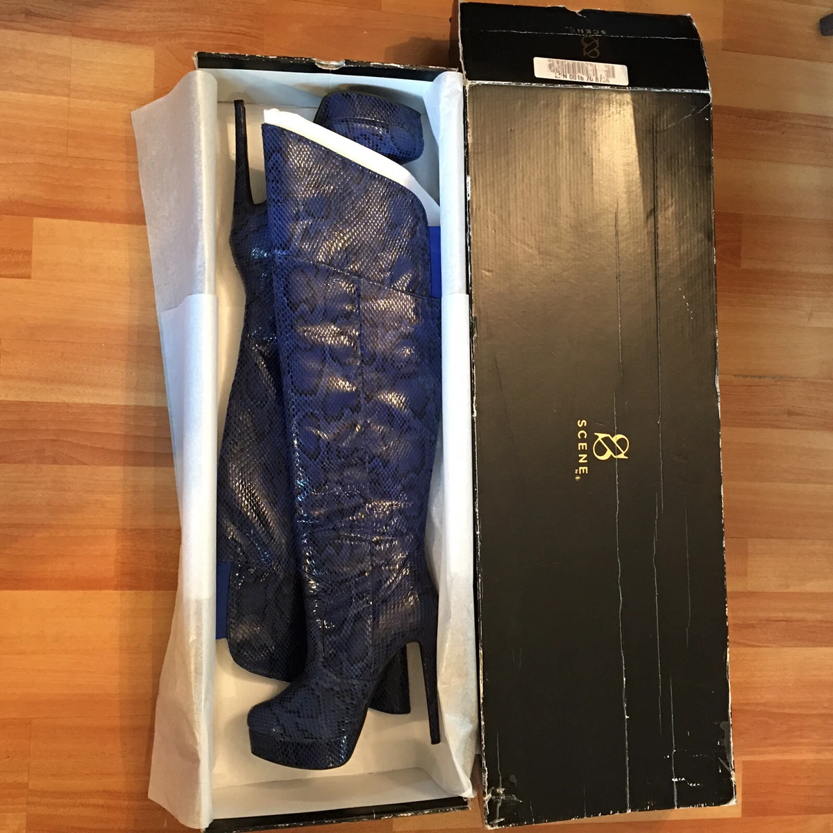 Blue snakeskin thigh high boots deals