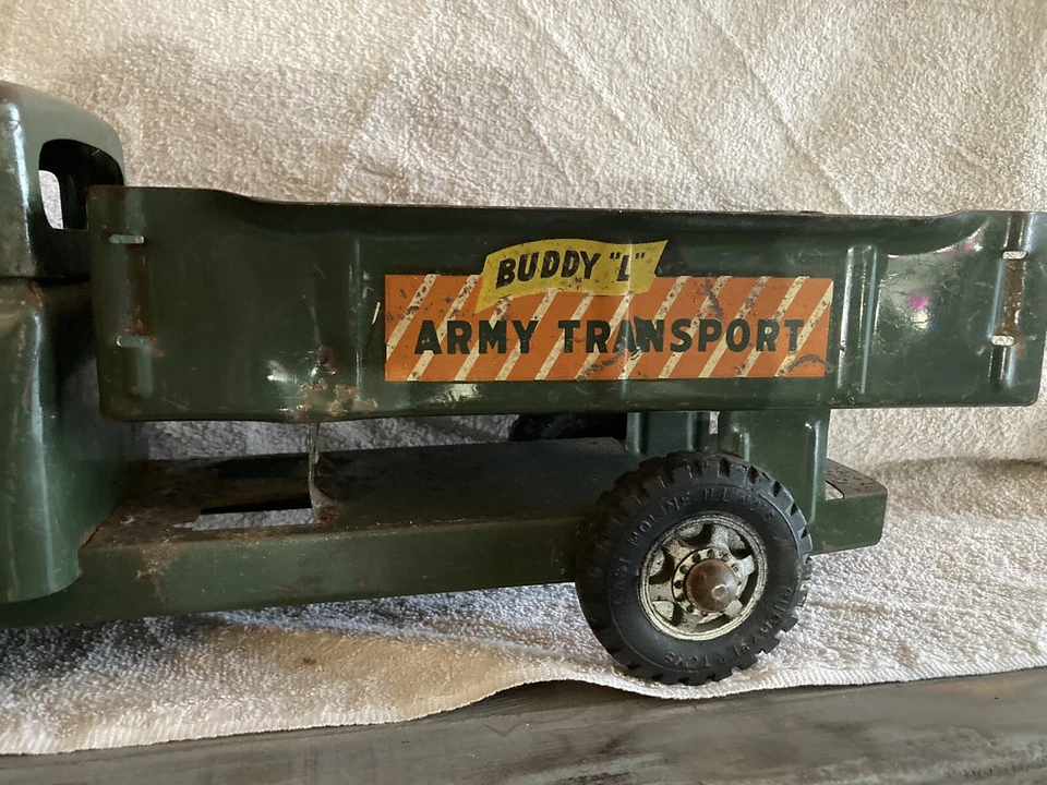 Camión de juguete Buddy L de acero prensado vintage de los años 50 camión de transporte militar del ejército 20 pulgadas Foto 4 de 4
