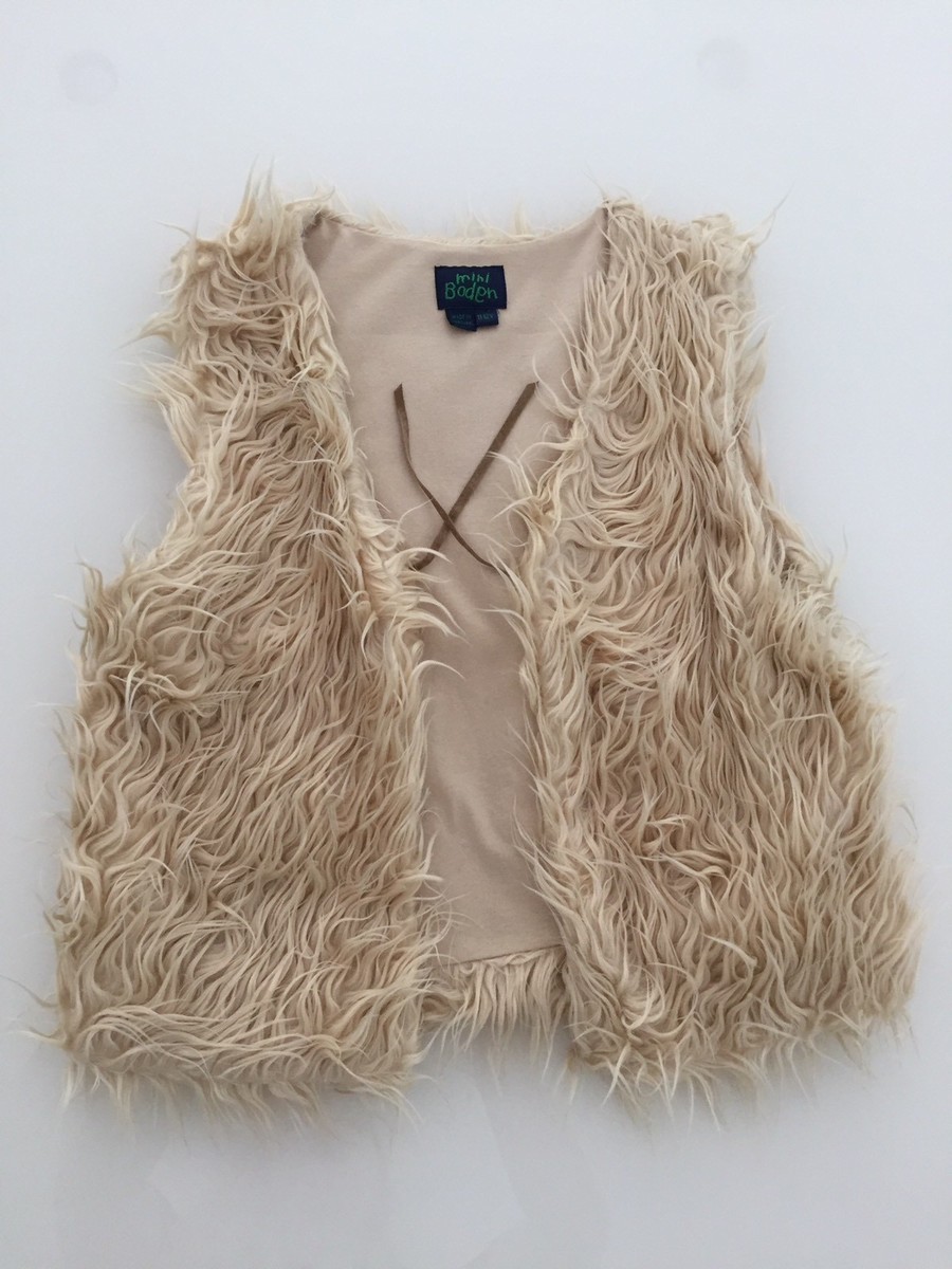Mini Boden Vest Girls Shaggy Furry Cream Tan Ivory Size 11-12