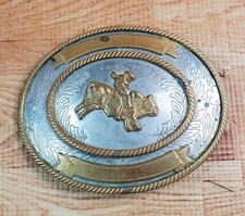 Metal Bull Riding Nickel Silver Rodeo Belt Buckle Vintage