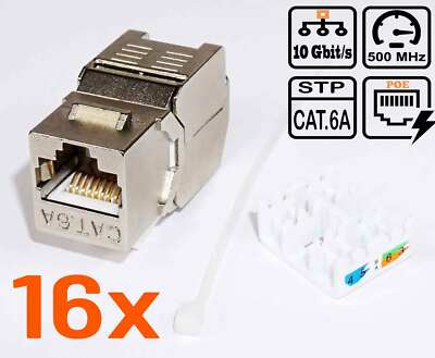 16x CAT.6A Keystone Jack Modul werkzeuglos RJ45 STP LAN Netzwerk Adapter 500 MHz