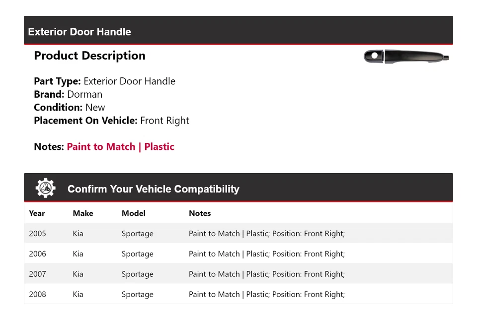 Manija de puerta exterior delantera derecha para Kia Sportage Dorman 2005-2008 2006 2007 Foto 2 de 4