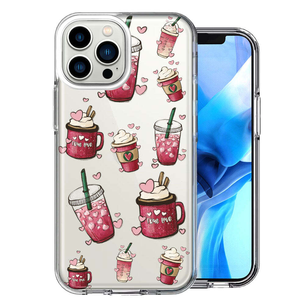 For Apple iPhone 14 Pro Max Coffee Lover Valentine's Hearts Pink