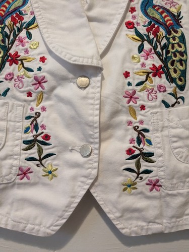 Cato White Denim Vest Womens 22/24W Embroidered Peacocks Flowers Boho Colorful - 第 5/16 張圖片