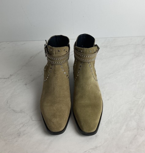 Zara Cut Out Ankle Boots Studs & Buckle Women US 6.5 Divine Low Heel Beige Olive - Picture 7 of 11