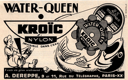 1965 KROIC NYLON FISHING LINE PRINT AD, WATER QUEEN  FRENCH PRINT AD - Afbeelding 1 van 2