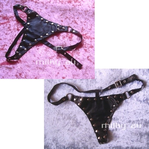 BLACK Faux-Leather G-STRING Silver STUDS Vinyl PVC Pleather SEXY Fetish O-RING - Picture 5 of 5