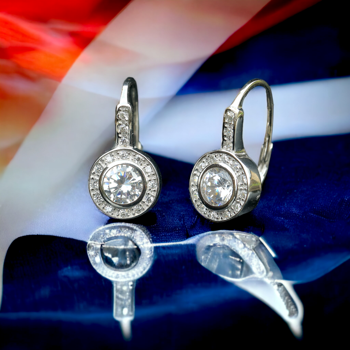 Boucles D'oreilles Dormeuses Argenté Art Déco - Serties De CZ Blanc - Neuf Sans Emballage