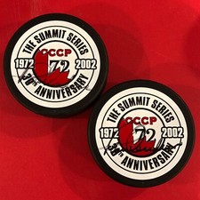 Paul Henderson Canada Russia Series 30th Anniversary Autographed Pucks (2)