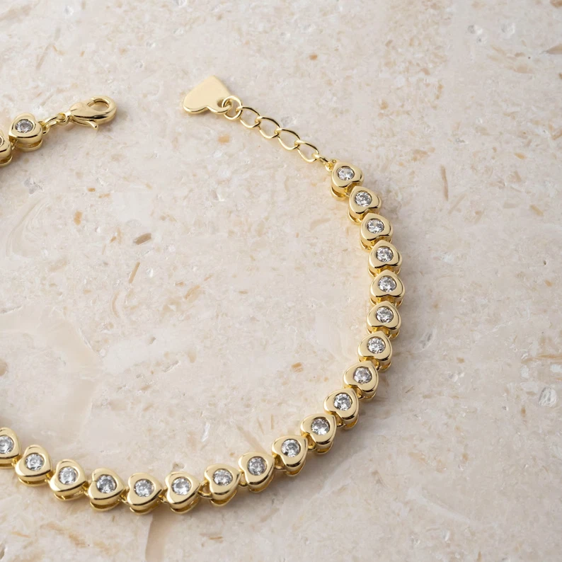 10 ct Round Simulated Diamond Heart Shape Tennis Bracelet 14k Yellow Gold Plated - Image 2 of 4