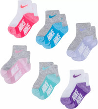 Nike Baby 6 Pk Multicolor Ankle Cotton Cushion Swoosh Logo Sock Set Sz 6-12 MO