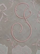 Vgt G Monogram Pink Embroidery White Cotton NOS Hankie Handkerchief