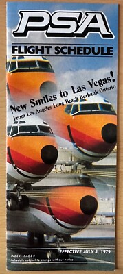 PSA Flugplan 5. Juli 1979 | New Smiles To Las Vegas! USA | Index & Tarife