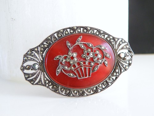 Collier Art Déco Pendentif Argent 925 Cornaline 35x10mm Marcassites - Chaîne 49 Cm