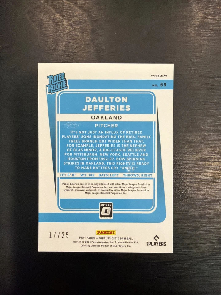 2021 Donruss Optic Daulton Jefferies Black Prizm RC 17/25 A’s - Image 2 of 2