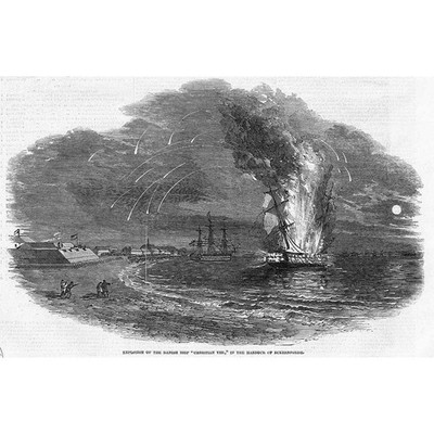 ECKERNFORDE Harbour Explosion of Danish Ship Christian VII - Antique Print 1849