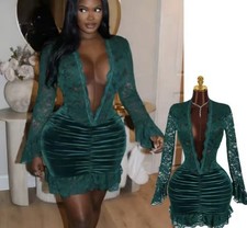 Emerald Green Velvet Lace Deep V-Neck Bodycon Mini Dress Long Flared Sleeve