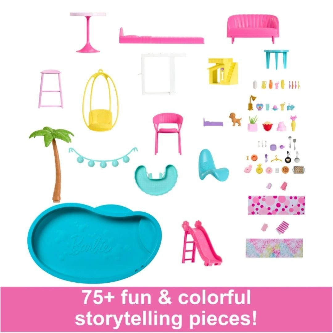 Barbie Dreamhouse, 75+ Pieces, Pool Party Doll House with 3 Story Slide