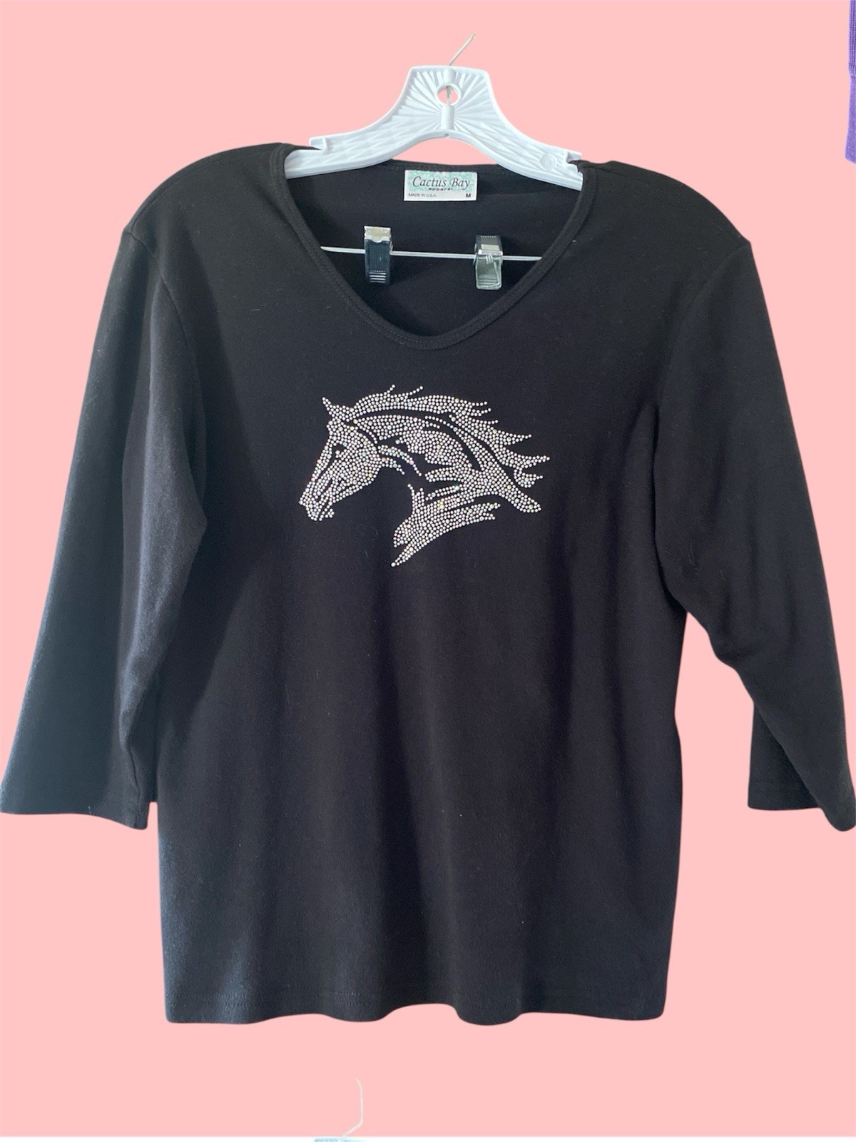 Cactus Bay Apparel  Rhinestone Bling Black Horse  Print Shirt Size Medium