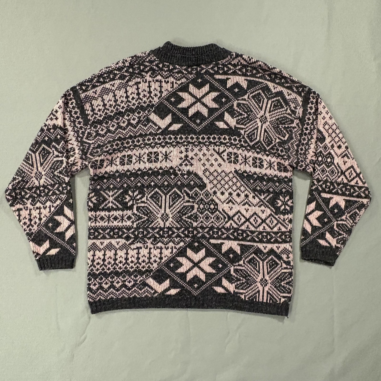 Vintage Winter Sweater Women S Gray Pink Snowflake Angora Blend Fair Isle USA